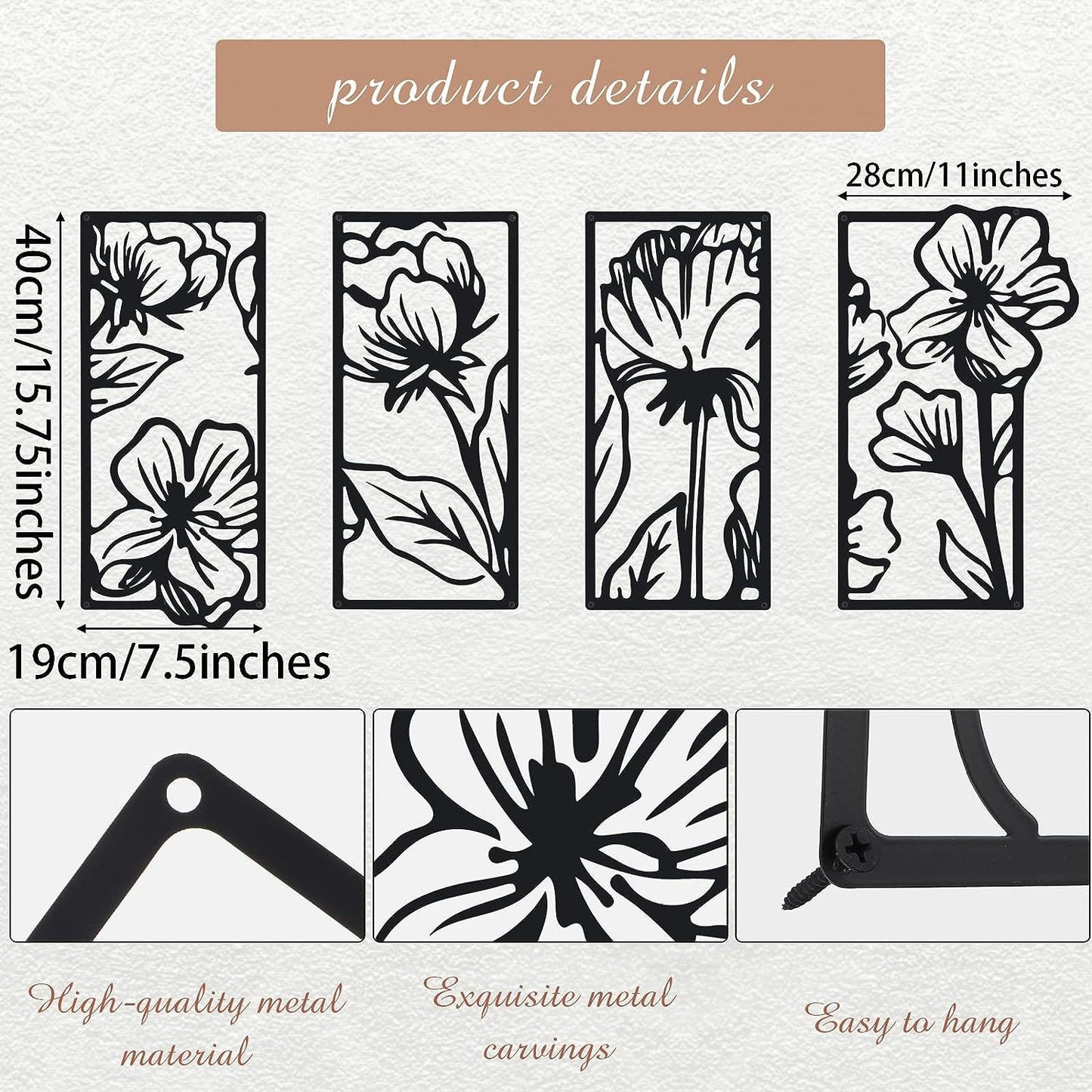 4 Pieces Wall Decoration Metal Flower Minimalist