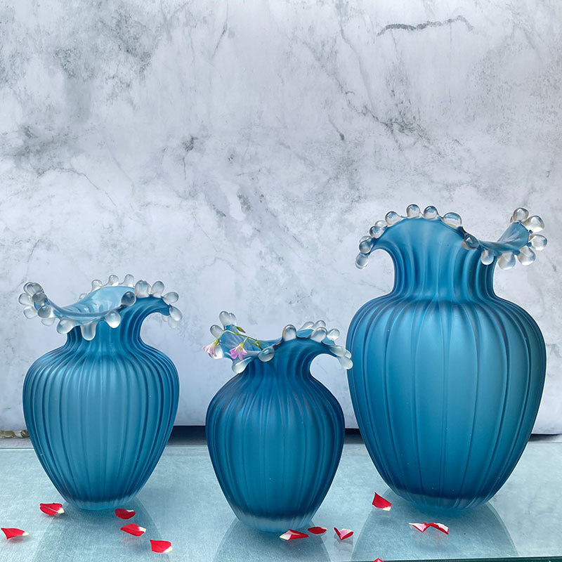 Wavy Frosted Blue Glass Vase