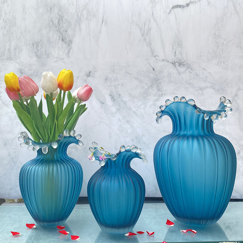 Wavy Frosted Blue Glass Vase