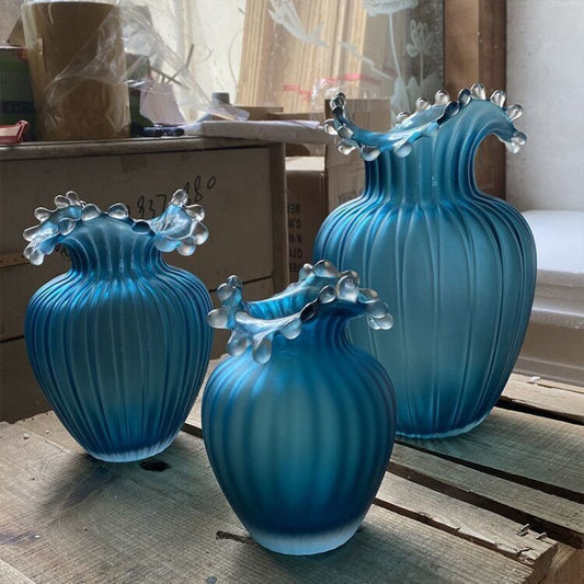 Wavy Frosted Blue Glass Vase
